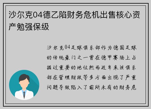 沙尔克04德乙陷财务危机出售核心资产勉强保级 沙尔克04德乙陷财务危机出售核心资产勉强保级
